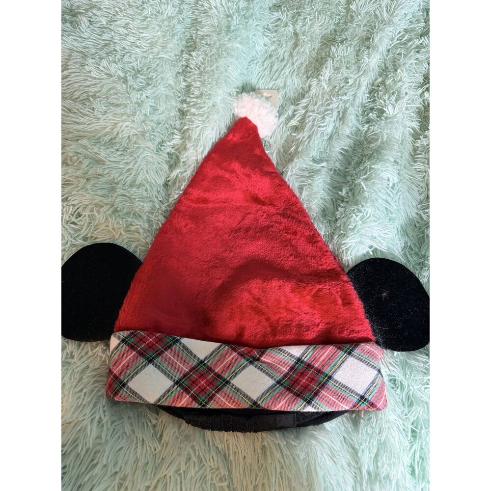 Disney Parks Mickey Mouse 2020 Christmas Holiday Plaid Santa Hat With Ears NWT